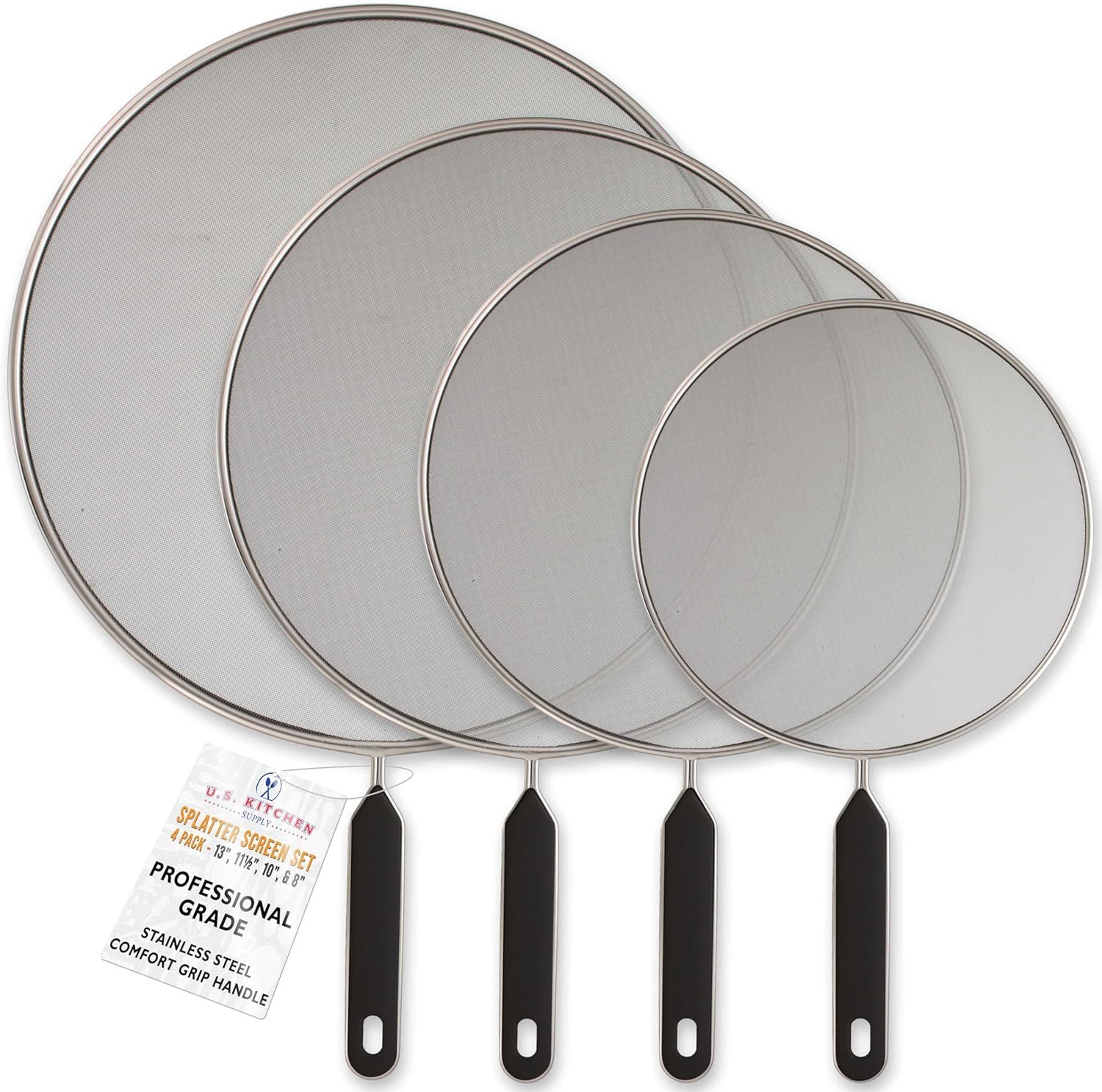 U.S. Kitchen Supply 4-Piece Stainless Steel Splatter Guard Set (13″, 11.5″, 10″,8”) Fine Mesh Cover, Grease & Oil, Splatter Screen for Frying Pan, Cooking Pots, with Comfort Grip Handles