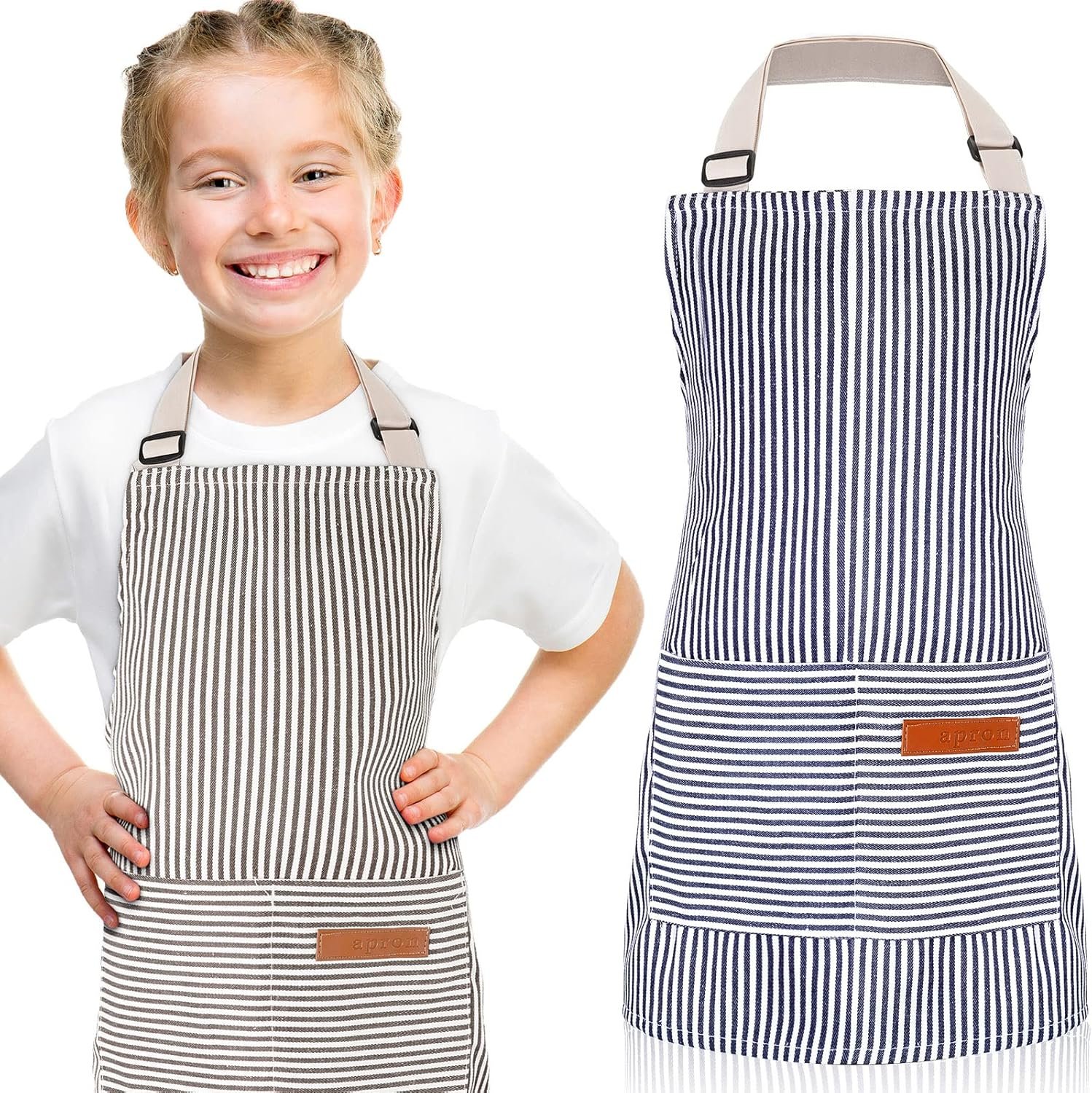 Jiuguva 2 Pcs Kids Apron Adjustable Cotton Toddler Cooking Stripe Chef Apron with 2 Pockets for Children Baking