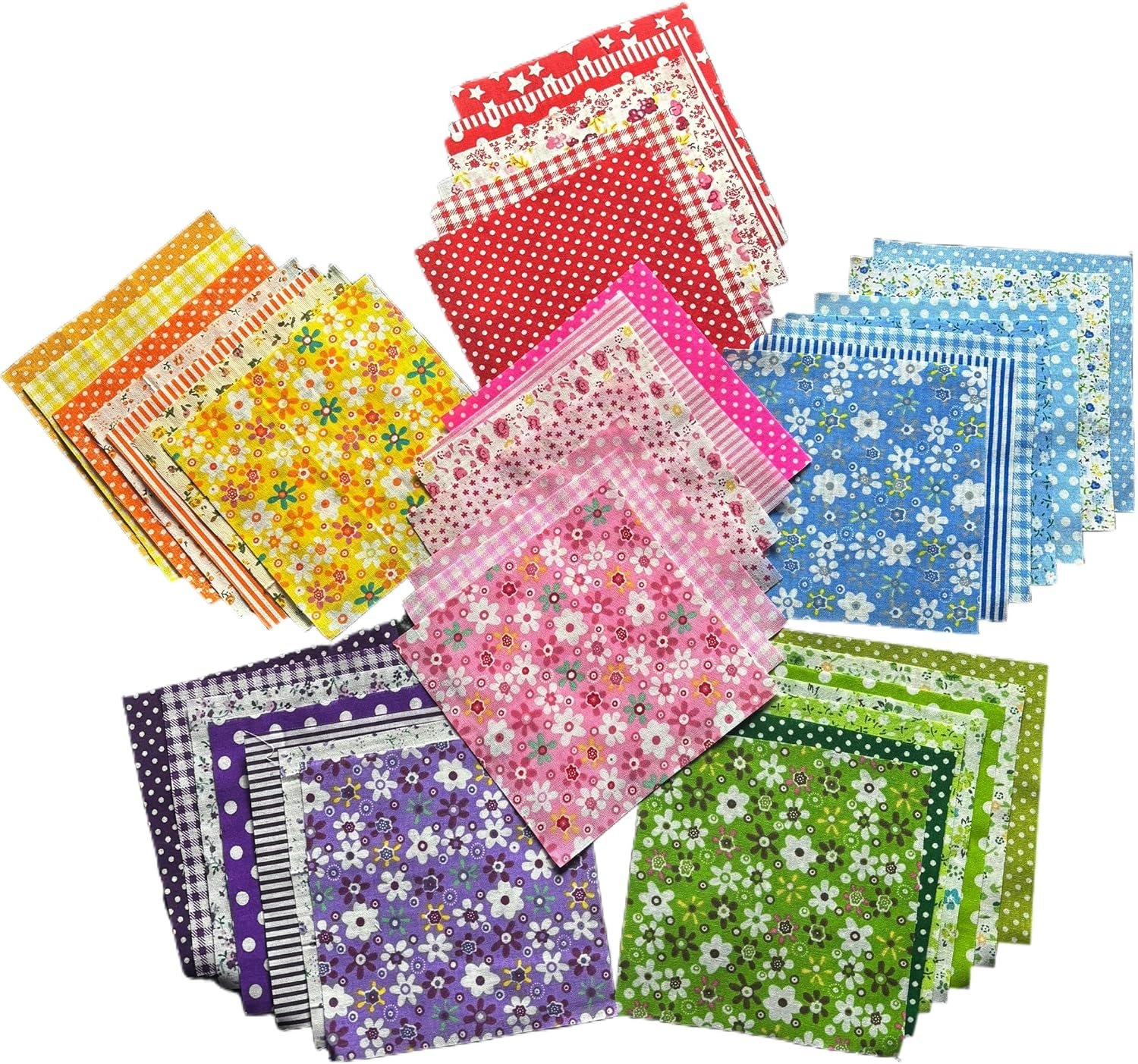 Cotton Quilting Fabric Squares, 42 Piece, 5×5 Inch, Pre-Cut | Floral Patchwork Bundle, Red, Pink, Yellow, Green, Blue, Purple, DIY Sewing, Scrapbooking, Craft Projects