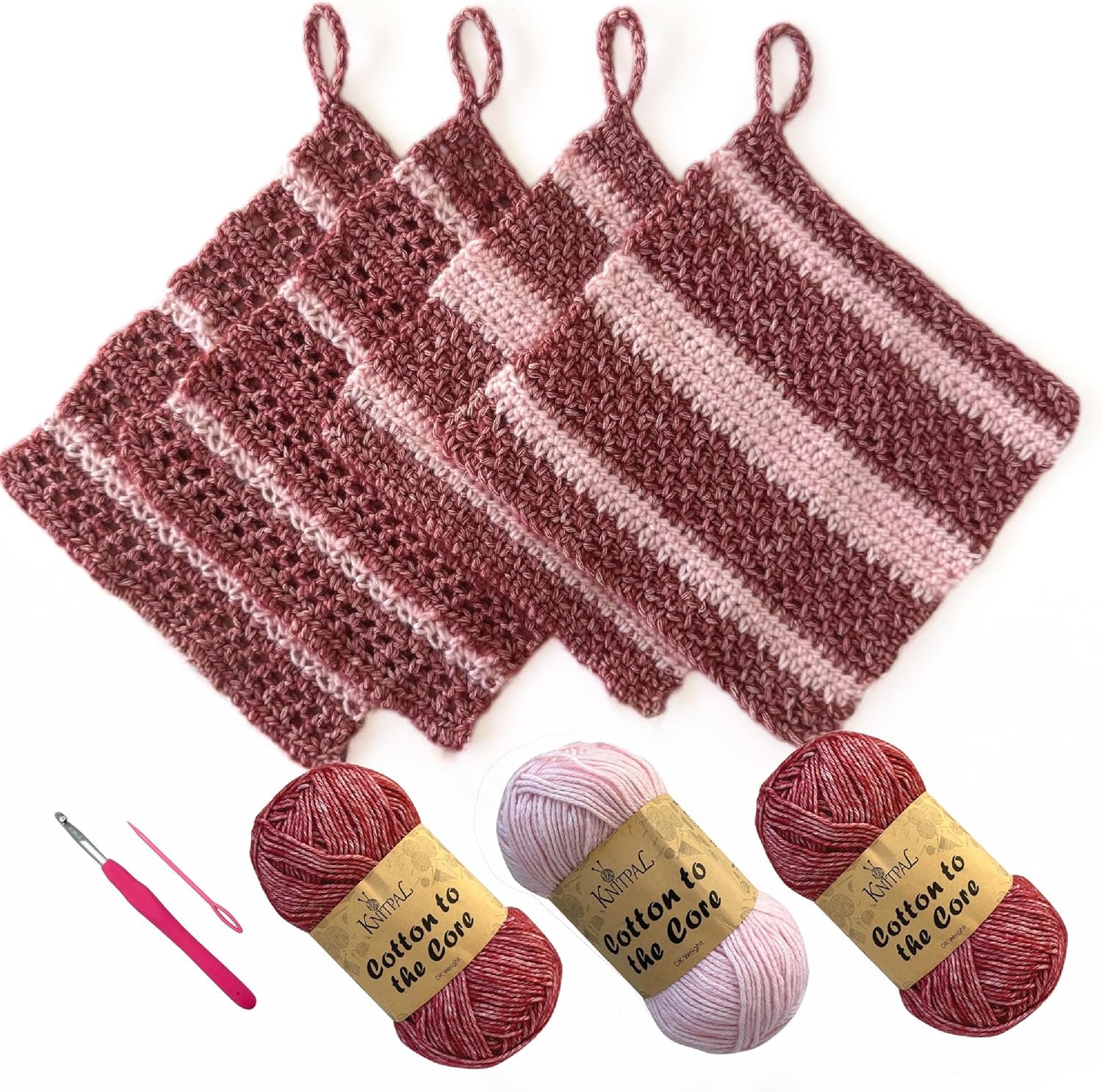 KnitPal Everyday Joy Crochet Kit for Confident Beginners – Make 4 Reusable 7.5 x 7.5 in Dishcloths – with Cotton to The Core Yarn (#3 DK), Hook, Patterns & Video Tutorials (Cherry Red + Blush Pink)