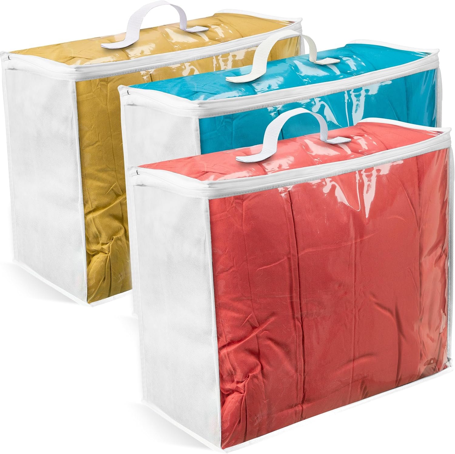 VitalUp 3 Pack Clear Plastic Storage Bags, Durable Zippered Storage Bags for Comforters, Blankets, Clothes, and Bedding – Breathable Nonwoven with Clear Front for Easy Organizing 20x20x8