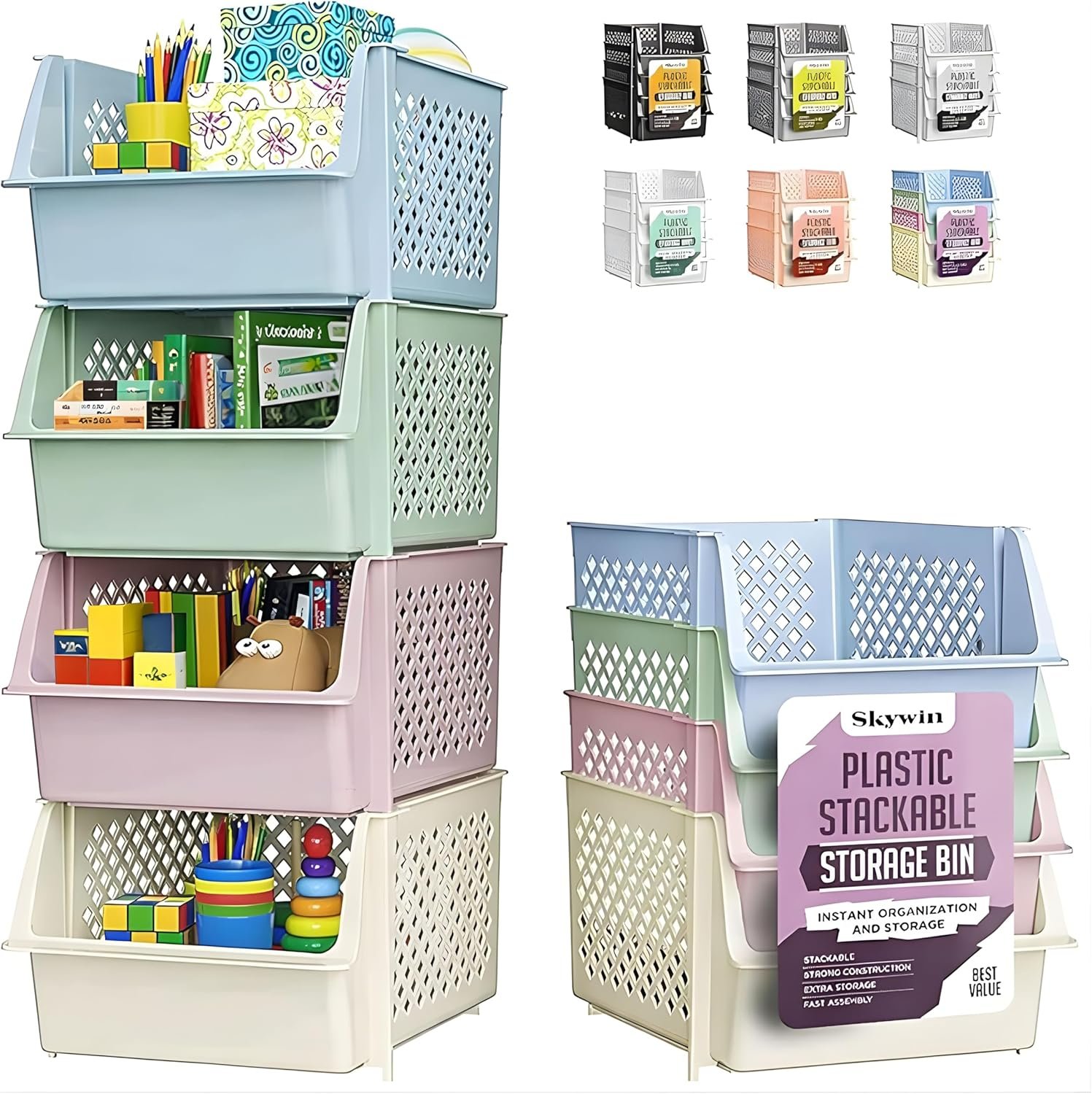 TidyFriend Stackable Storage Bins for Pantry, 4 Pack Stackable Bins For Organizing Food, Kitchen, and Bathroom Essentials (Multi)