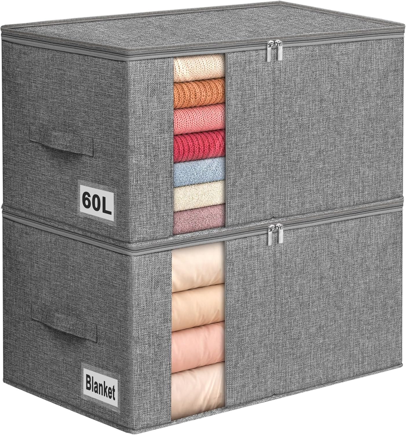 60L Blanket/Comforter Storage Bag w/Rigid Side & Bottom Support, Stackable Clothes Storage Bin for Sweaters Bedding Sets Quilts Pillows, Closet Organizer, 21.7×14.2×11.8in, 2 Pack, Gray
