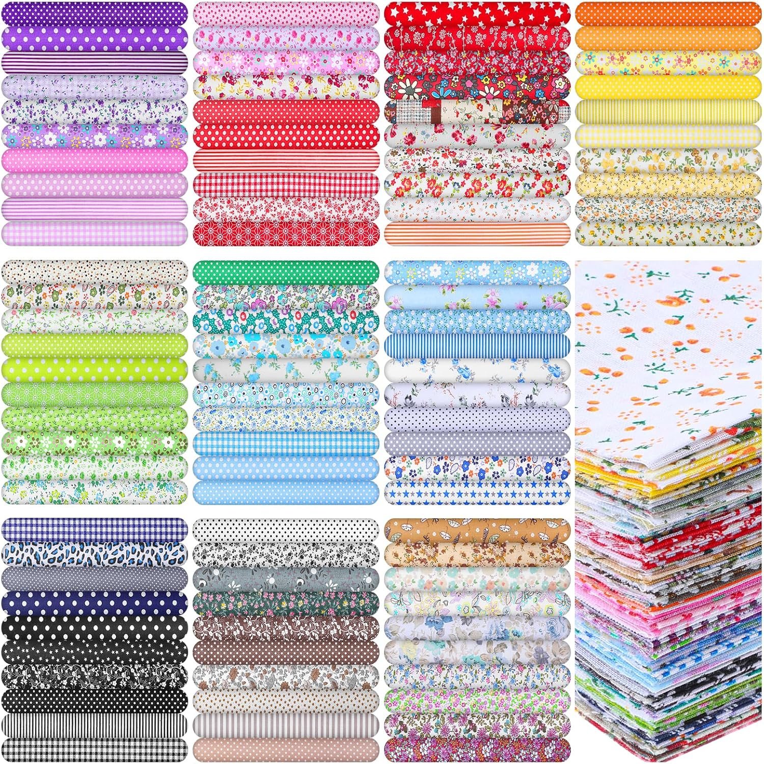 Kifmurase 100 Pieces 10 x 10 Inches Cotton Fabric Squares, Precut Quilting Fabric Bundles Layer Fat Floral Patchwork Fabrics for DIY Crafts Sewing Beginners Cloths Handmade