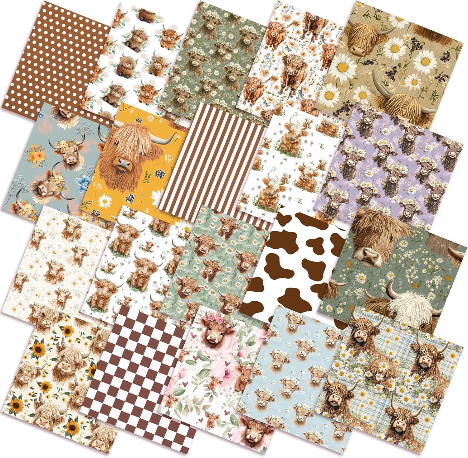 HunnmingRe 20 Pcs 10”x10” Highland Cow Quilting Fabric Square Cow Precuts Quilted Fabric Bundle Plaid Polka Dot Stripes Sunflower Printed Sewing Material for Holiday Patchwork DIY Craft Supplies