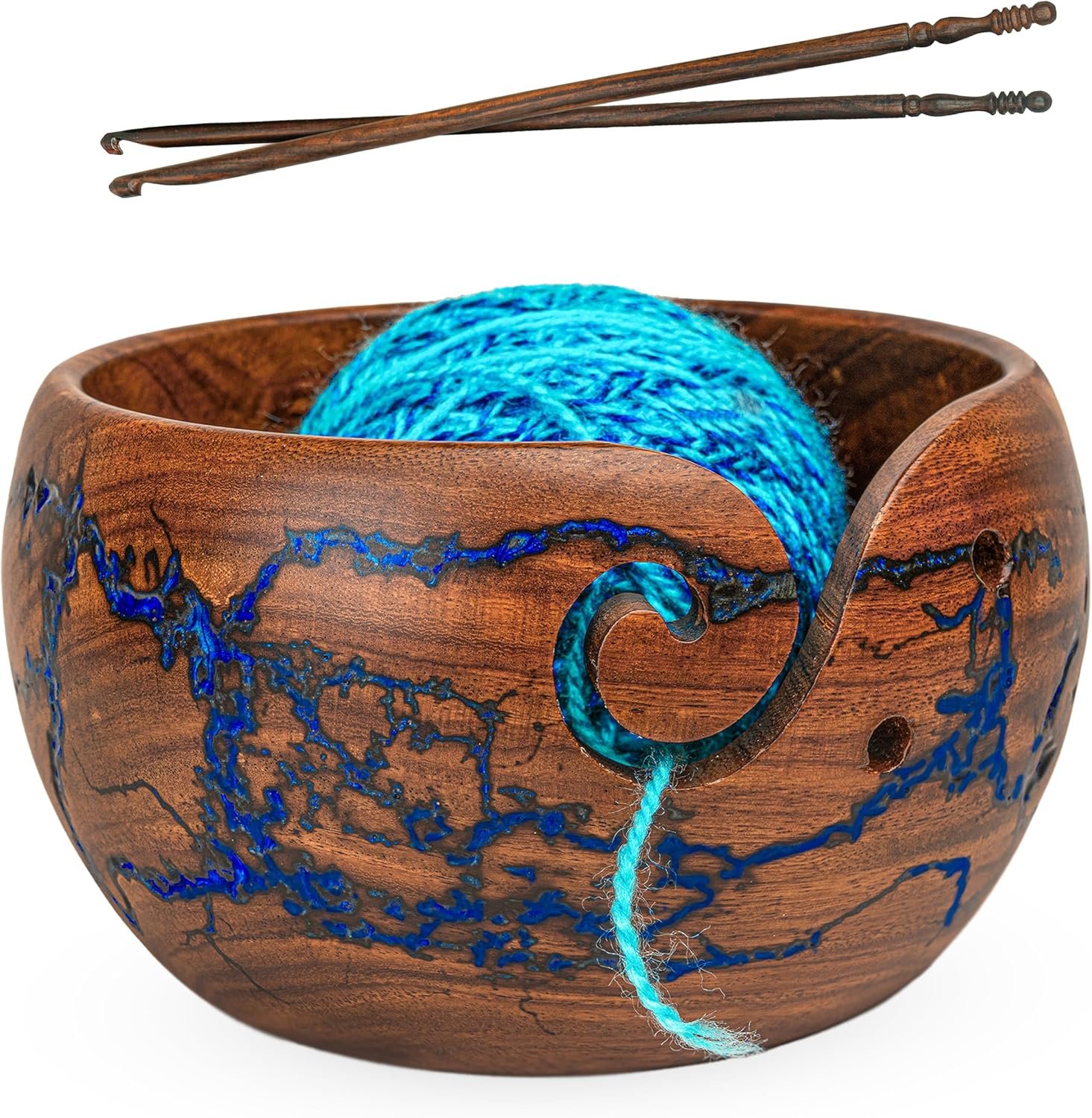 Wooden Yarn Bowls for Crocheting & Knitting – Availabe in 2 Sizes, Exquisite Handmade Large Yarn Bowl Holder, Crochet Bowls for Yarn, Knitting Bowl (Blue Resin Large)