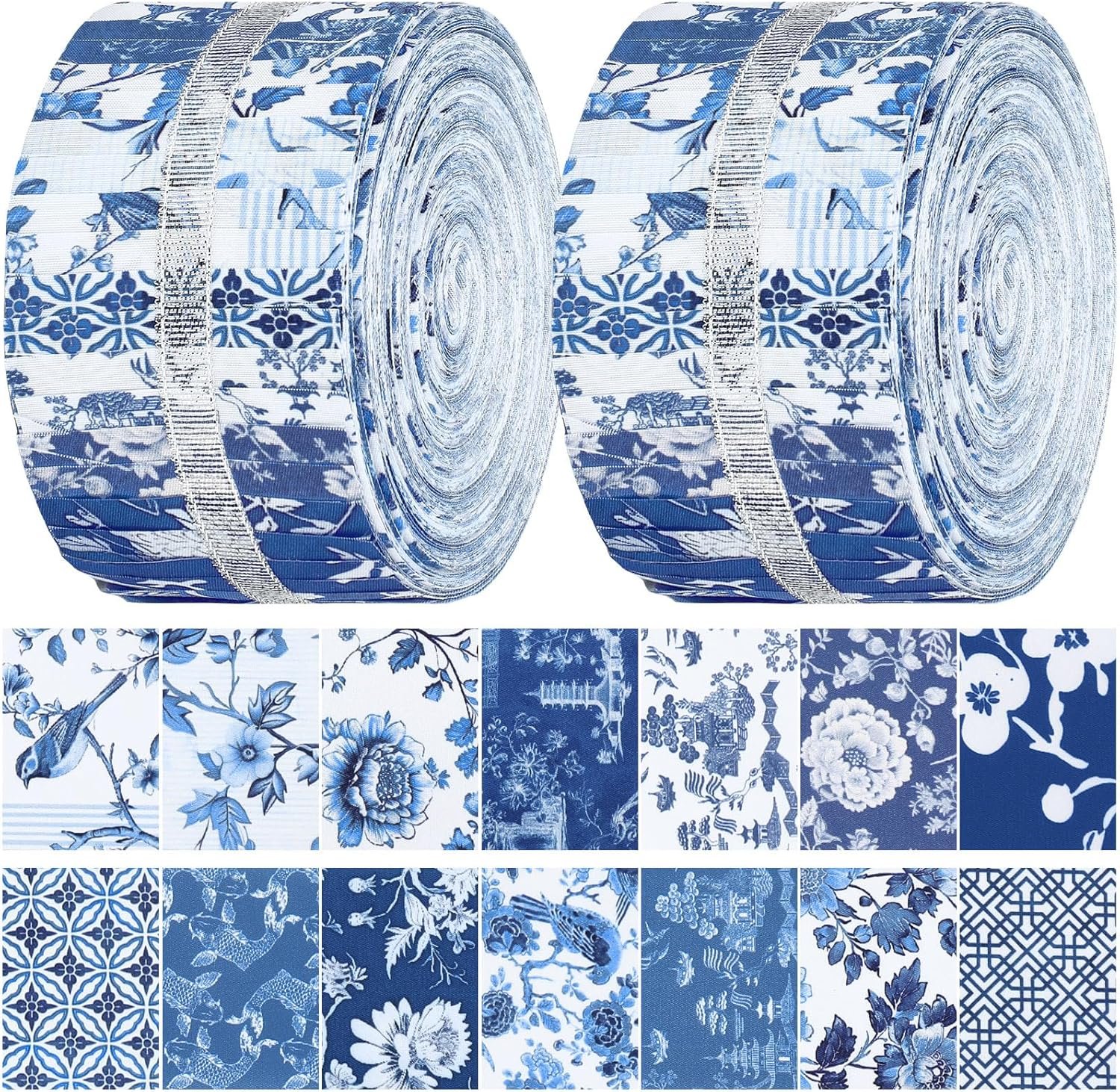 Hosuly 40 Pcs Blue and White Fabric Chinoiserie Jelly Fabric for Quilting Roll Chinese Graphic Porcelain Floral Quilting Strips 2.55 Inch Precut Bundle Roll for Rug Blanket DIY Craft Sewing Material
