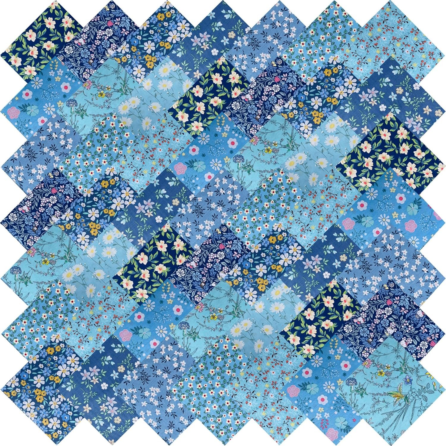 5″x 5″ 50 PCS 100% Cotton Floral Fabric Squares Bundles Quilting Supplies for Sewing DIY & Quilt Beginners_Blue