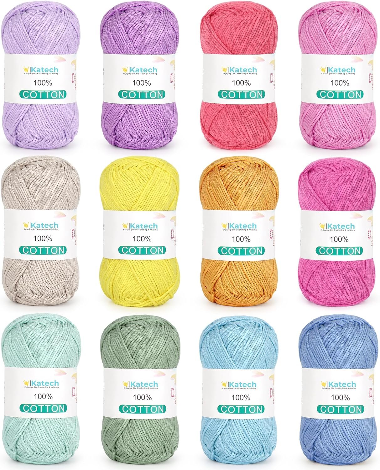 Katech 100 Percent Cotton Yarn for Crocheting & Knitting–12-Color of 137 Yards/1.76 oz Baby Cotton Yarn Sport Weight CYC #2-Soft & Breathable-Ideal for Dishcloths, Baby Clothes, Potholders & Crafts(A)