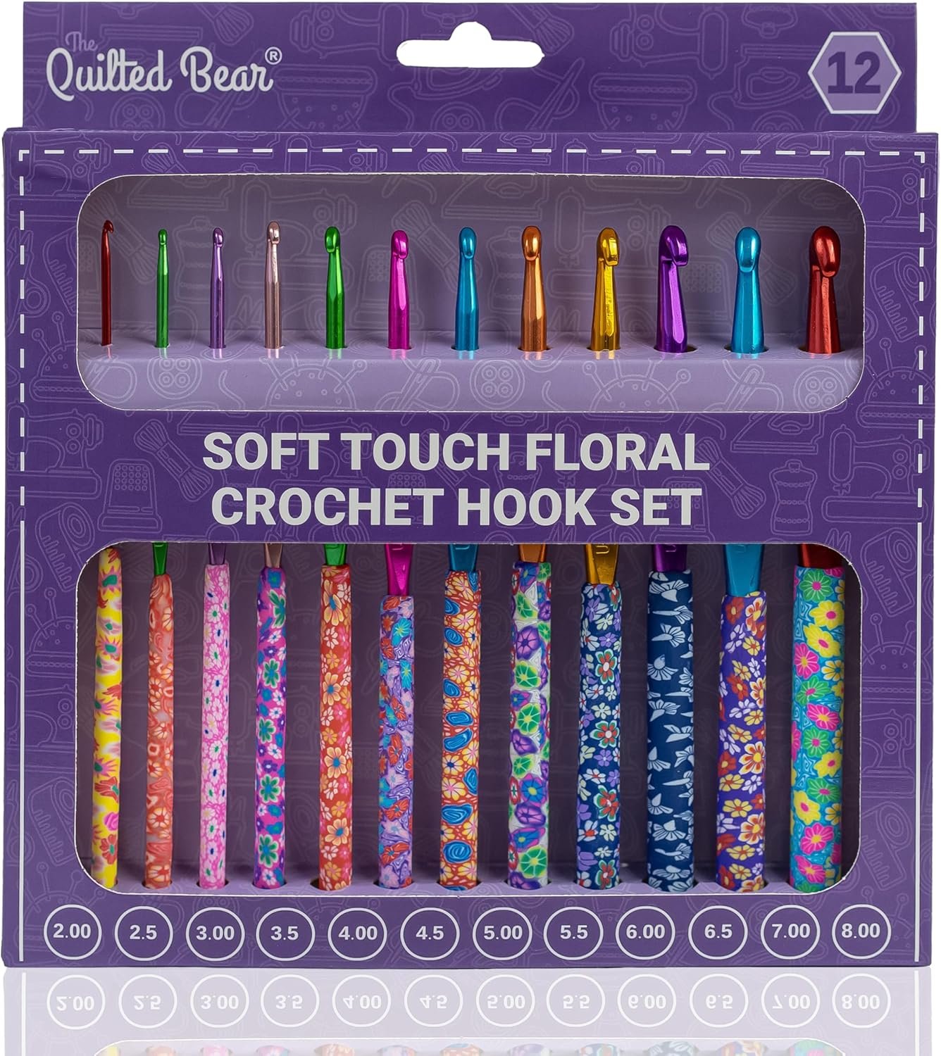The Quilted Bear Floral Crochet Hook Set – 12 Ergonomic Soft Grip Crochet Hooks Set with Light Polymer Clay Handle for Comfortable Crocheting & Knitting (2mm-8mm)