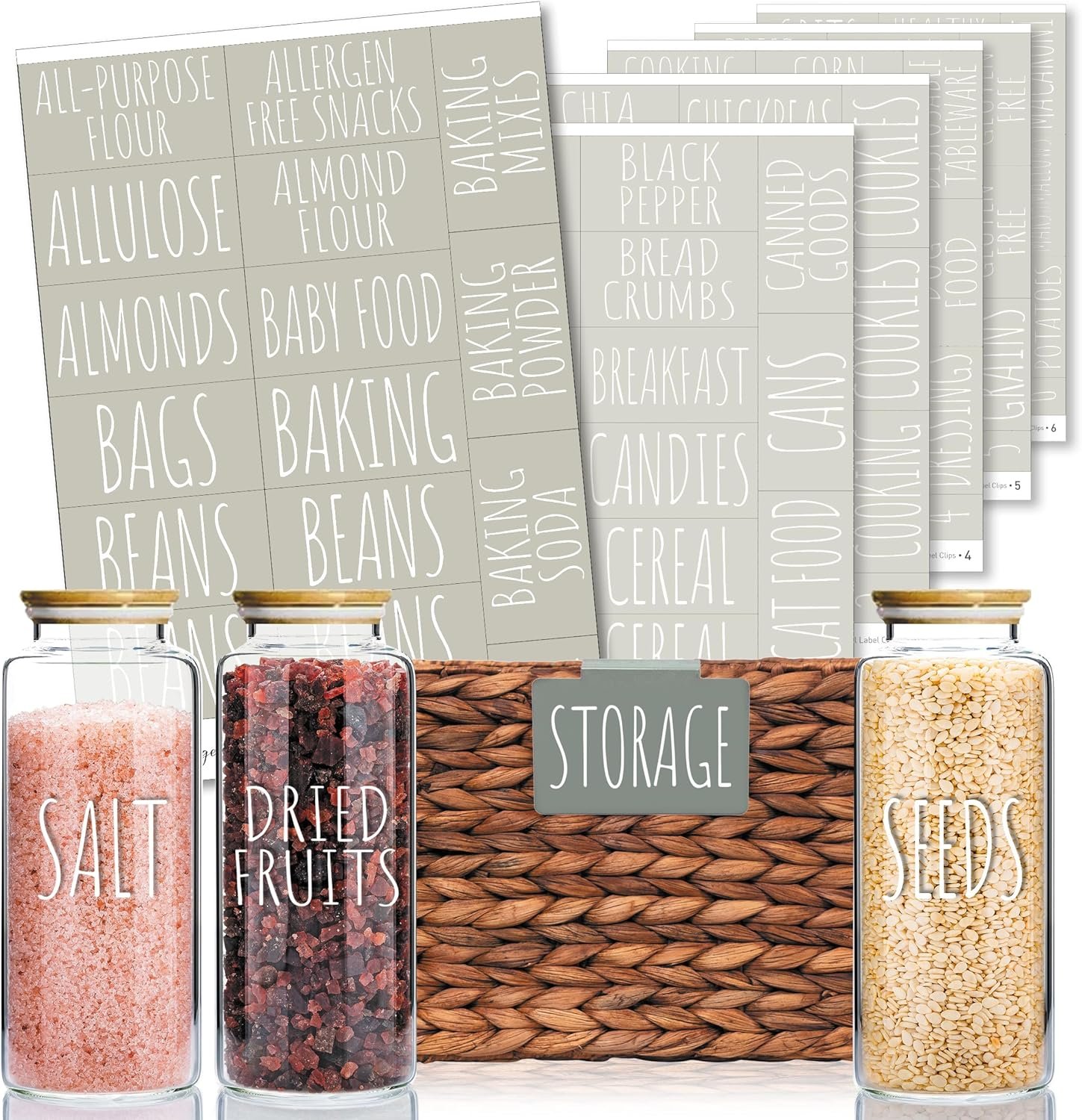 White Font Hygge & Sage Pantry Labels for Containers Preprinted – 180 Clear Waterproof Labels, Durable, Removable Kitchen Stickers. Perfect for use on Basket Labels, Pantry, and Refrigerator.