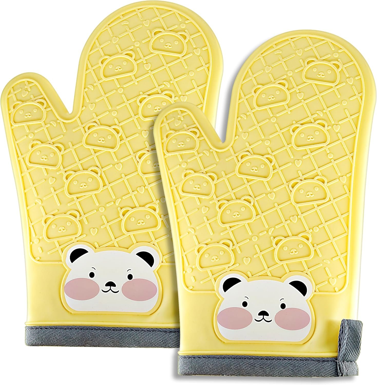 Silicone Oven Mitts Cute Bear – Non-Slip Kitchen Gloves for Baking & BBQ – Soft Cotton Lined, Waterproof & BPA-Free Potholders – Machine Washable & Heat Resistant up to 500°F – Yellow, 1 Pair