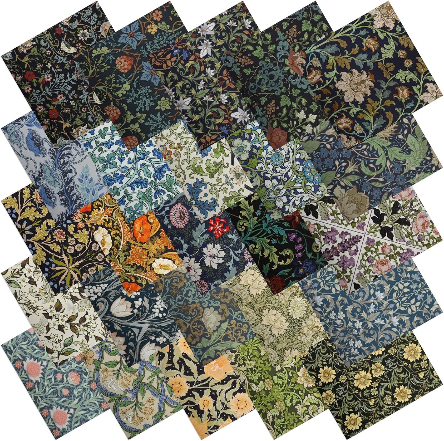 25 Pcs William Morris Flower Quilting Fabric Scraps, 10”x10” Cotton Fabric Squares Vintage Precut Quilt Kits Include Floral Retro Leaf Pattern for DIY Craft Supplies