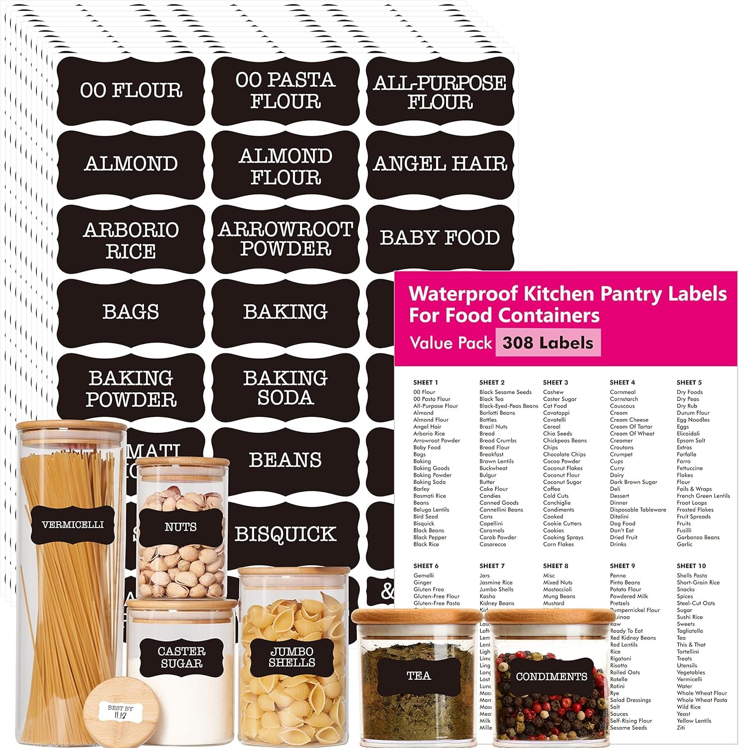 Hebayy 308 Pantry Food Labels, 280 Preprinted Flour Pasta Lentil Grain Condiment Oil Stickers, 28 Blank Ones, Waterproof Oil&Tear Resistant, No Residue for Kitchen Containers Jars(White on Black)