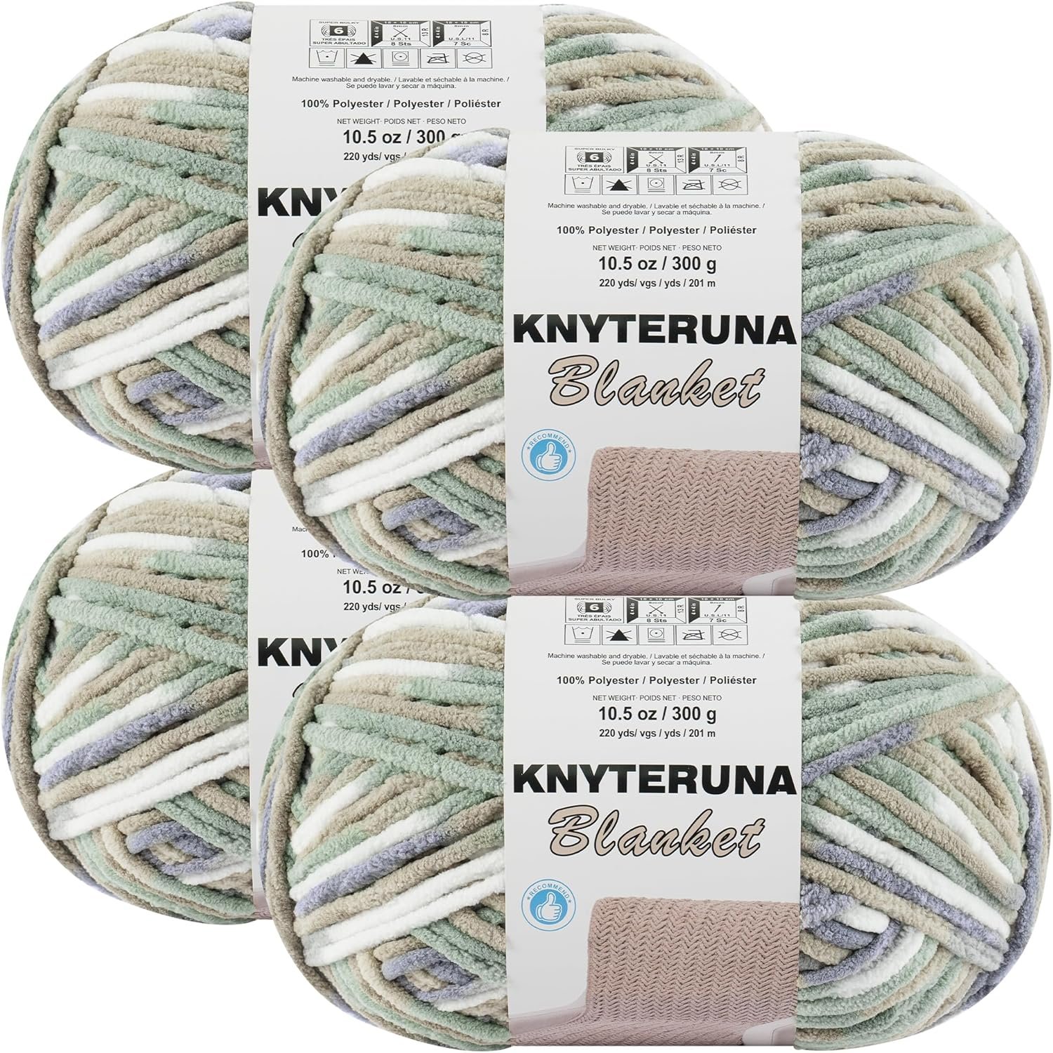 #6 Super Bulky Blanket Yarn for Crocheting – 4 Skeins(Each 10.5oz/300g, 220yds/201m), Chunky Chenille Thick Plush Big Soft Yarn for Crocheting Knitting Blankets, Cream & Sage & Grey & Khaki