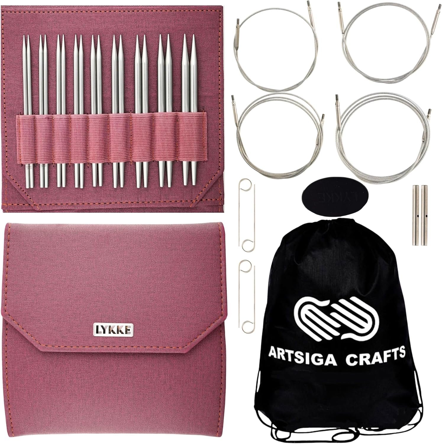 Lykke Flight 5 in. Standard Set US Sizes 3, 4, 5, 6, 7, 8, 9, 10, 10.5 Interchangeable Circ. Knitting Needles for Sport, DK, Worsted Yarn, Stainless Steel, 4 Swivel Cords, Maroon Case, Project Bag