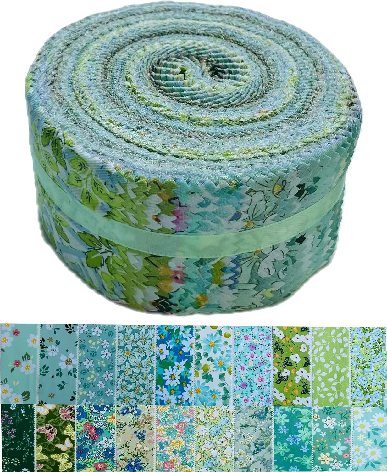 Jelly Roll Fabric 100% Cotton Quilting Fabric, 40 Pre-Cut Strips (2.5 x 44 Inch) for Quilting and Sewing – 20 Assorted Floral Prints- Green Mood