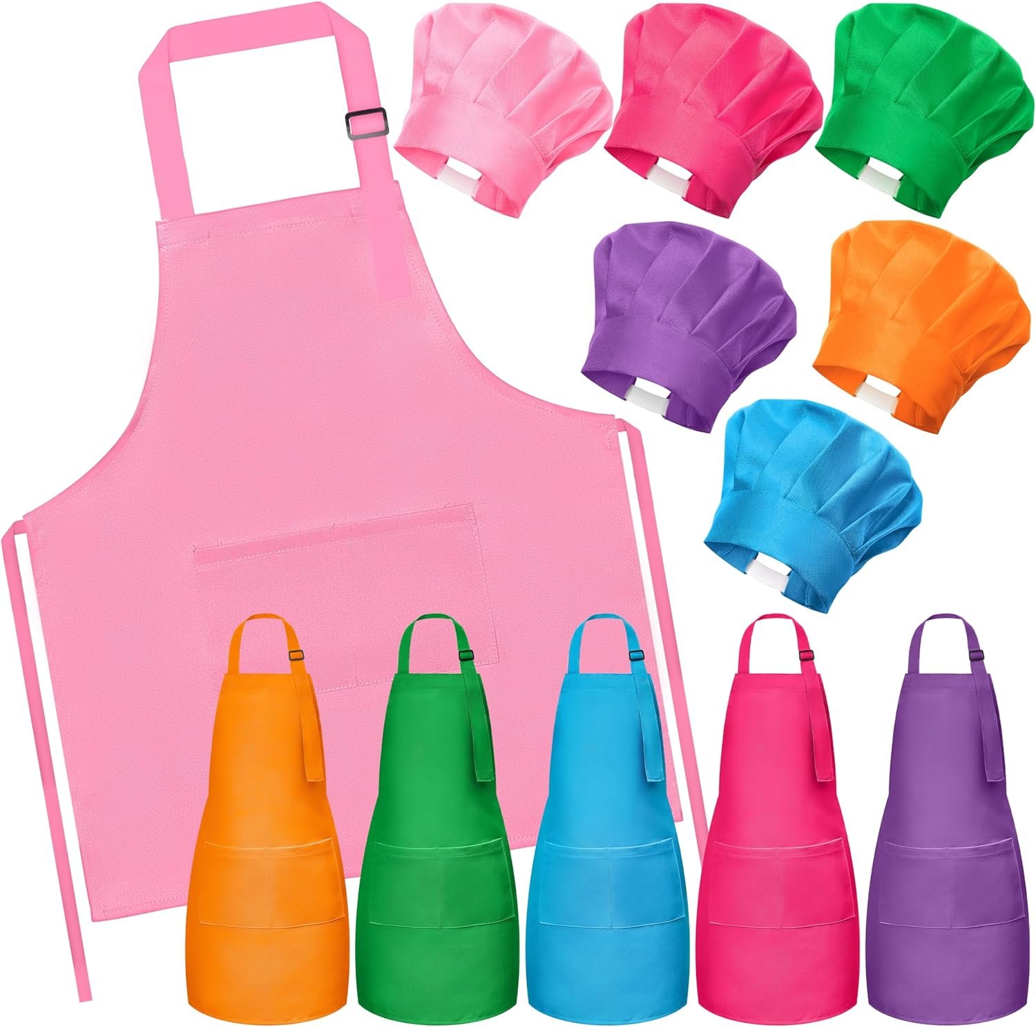 Kids Apron and Chef Hat Set – 6Pcs Colorful Adjustable Kitchen Toddler Apron for Girls Boys, Pretend Play Toy Cooking Gift for Kids Baking Painting Career Day Costume Kitchen Game Supplies