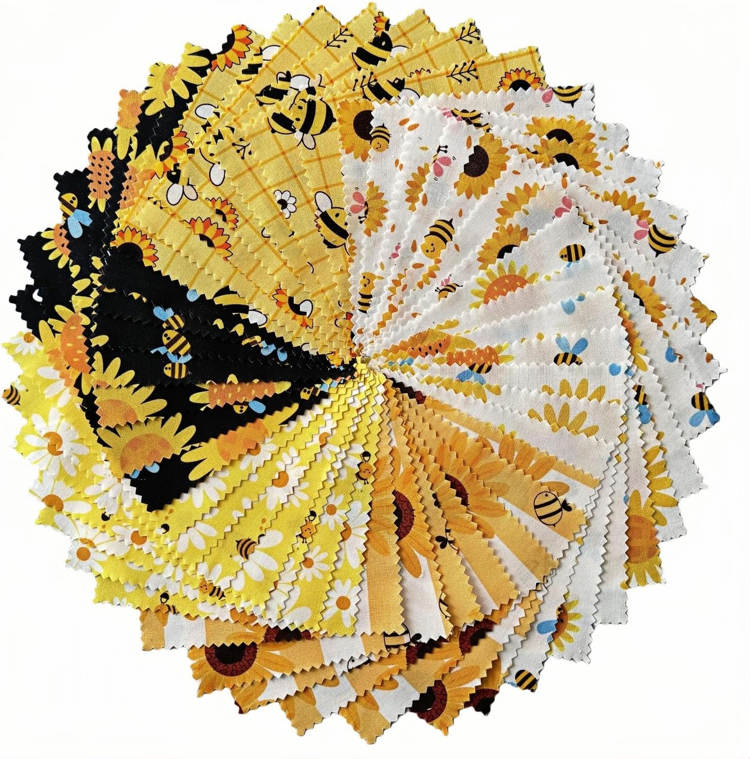 Honey Bee Fabric Squares 5×5 for Baby Quilting Fabric Charm Packs for Quilting 5 inch Sunflower Daisy Quilt Fabric Squares for DIY Patchwork Sewing Craft Black & Yellow (42Pcs)