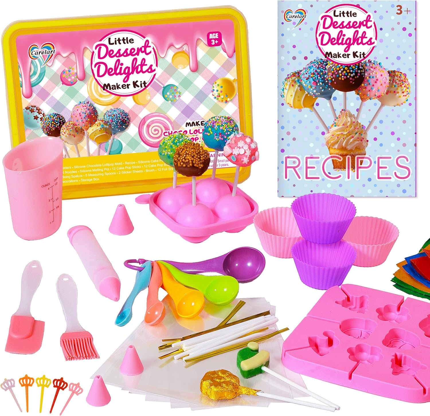 Carolart Cake Pop & Chocolate Lollipop Making Kit for Kids, 76-Piece Kids Baking Set with Storage Box, Silicone Molds, Melting Pot & Recipe, Kids Baking Supplies for Girls Boys Ages 6-12