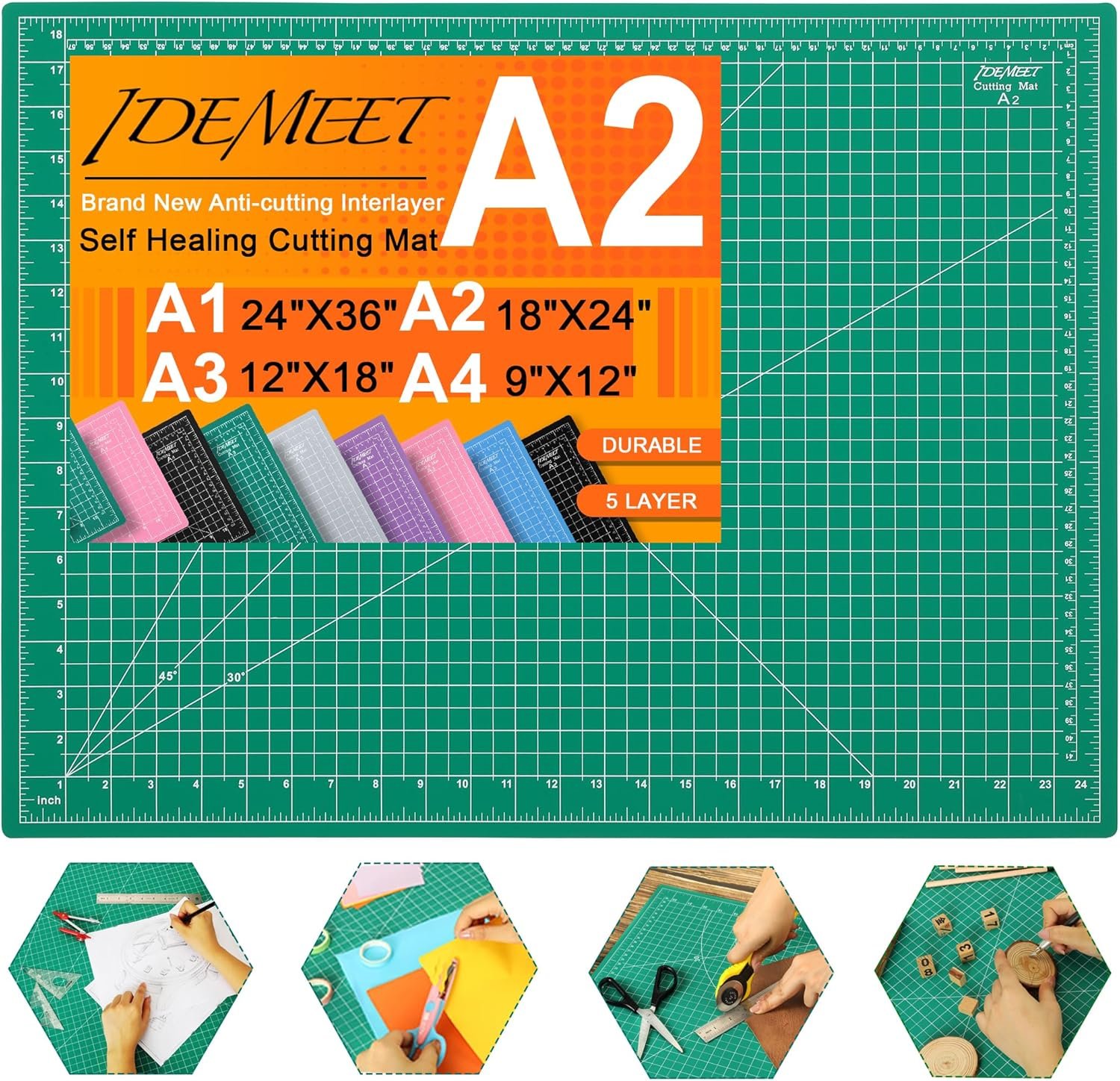 Density-upgraded 18″ x 24″ Self Healing Sewing Mat, Idemeet Rotary Sewing Mat for Crafts, 5-Ply Cut Board for Fabric Leather Cutting Quilting Modeling Hobby Project, Scale Size 18″ x 24″, Green