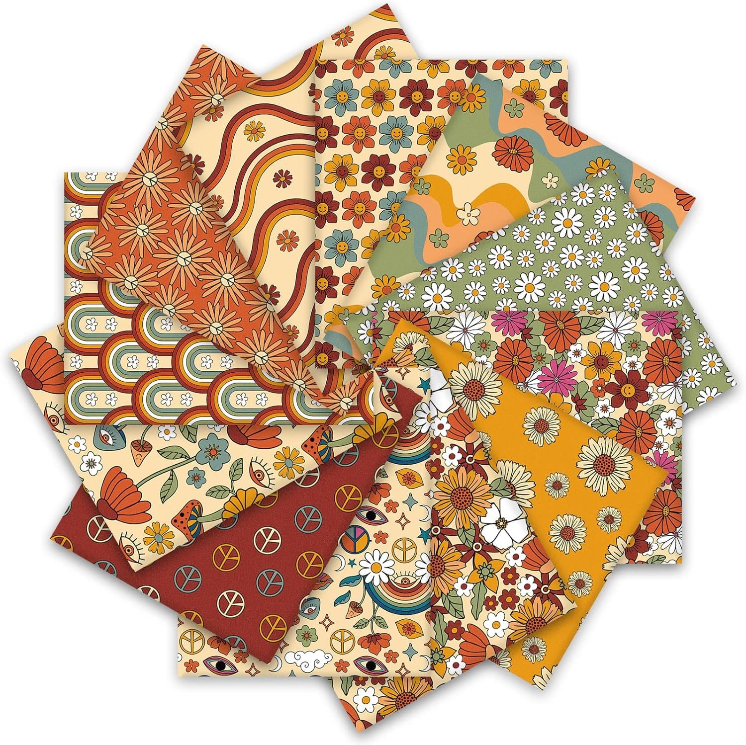 Whaline 12Pcs Boho Retro Floral Cotton Fabric Bundles 18 x 22 Inch Hippie Groovy Boho Fat Quarter Quilting Patchwork Square Sewing Fabric for Fall Autumn DIY Handmade Craft Home Party Decor