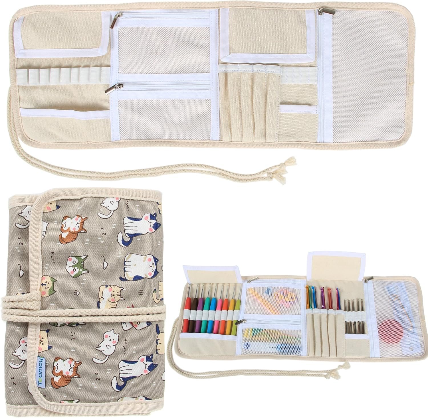 Teamoy Crochet Hook Case, Roll Bag Holder Organizer for Various Crochet Needles and Knitting Accessories, Cartoon Cats