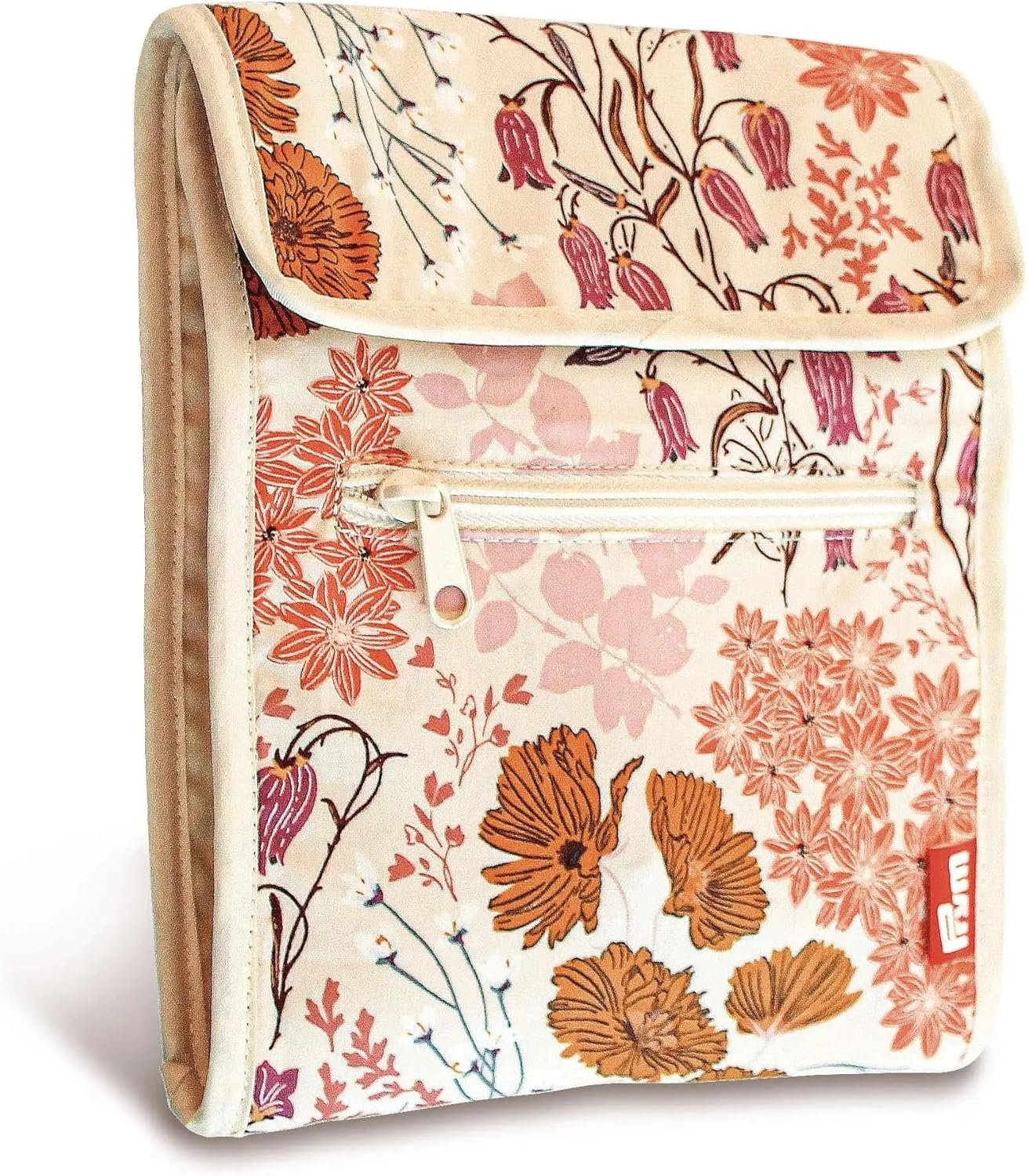 Prym Circular Knitting Needle Case – 9” x 7-1/4” Fan-Fold Organizer with 10 Pockets, Magnetic Closure & Zip Accessory Pocket – Orange Wildflower Print