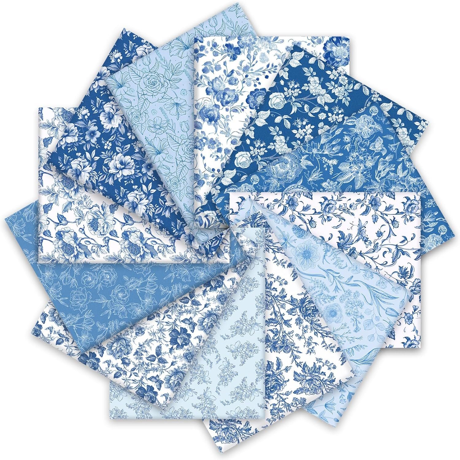 Whaline 12 Pcs Vintage Floral Cotton Fabric Bundles Blue White Flower Fat Quarters Chinoiserie Quilting Patchwork for DIY Sewing Craft Decor, 18 x 22 Inch