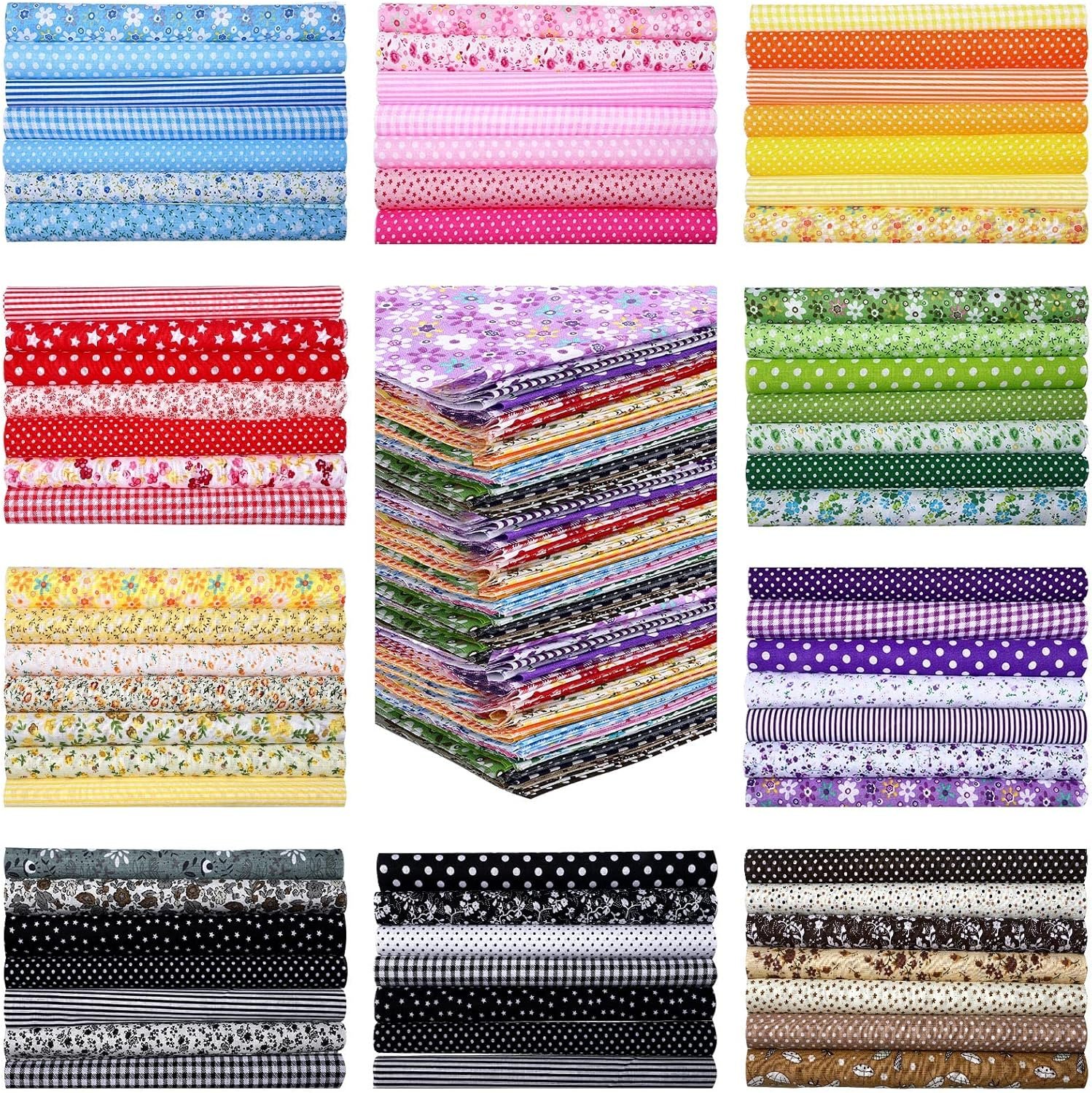 Kingdder 200 Pcs 10 x 10 Inch Cotton Fabric Squares for Quilting Fat Craft Quarters Sewing Fabric Bundle Squares Precut Printed Patchwork for DIY Craft Scrapbooking Cloth Handmade Accessory(Flower)