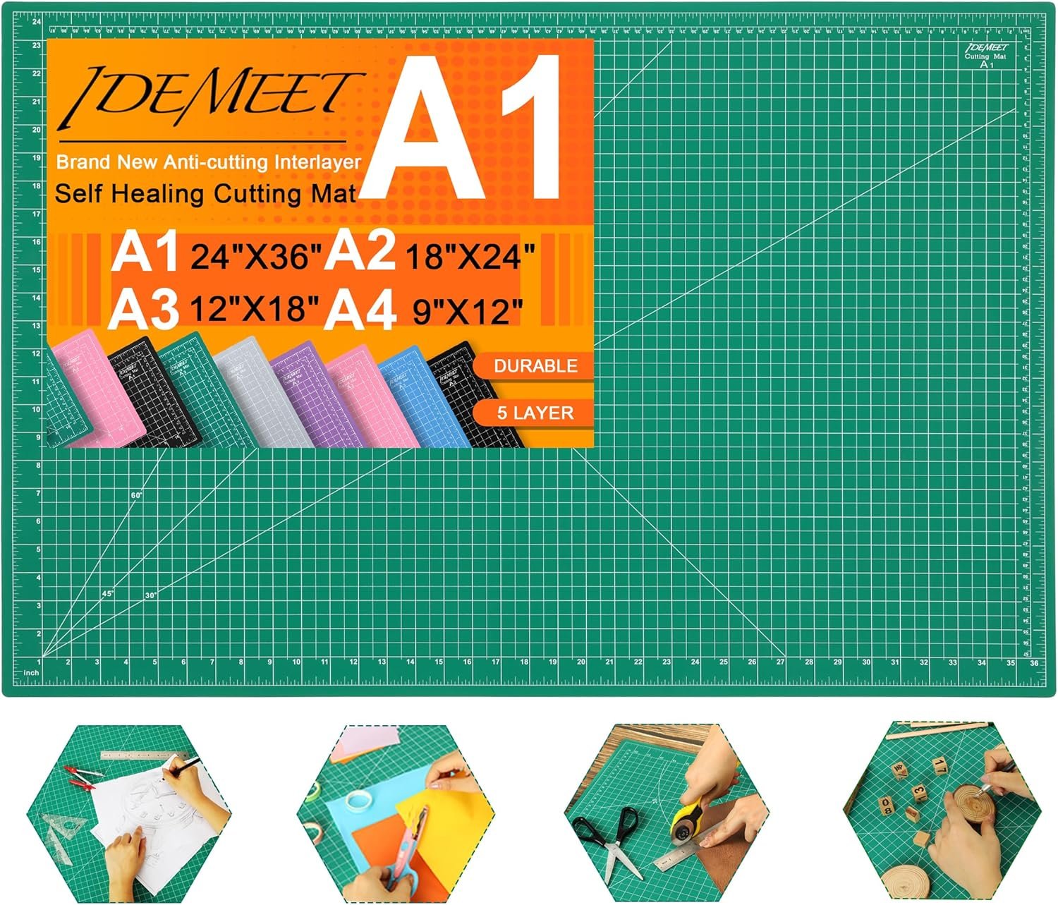 Density-upgraded 24″ x 36″ Large Self Healing Sewing Mat, Idemeet Rotary Cutting Mat 5-Ply Cut Board for Crafts Hobby Project, Scale Size 24″ x 36″, A1, Green