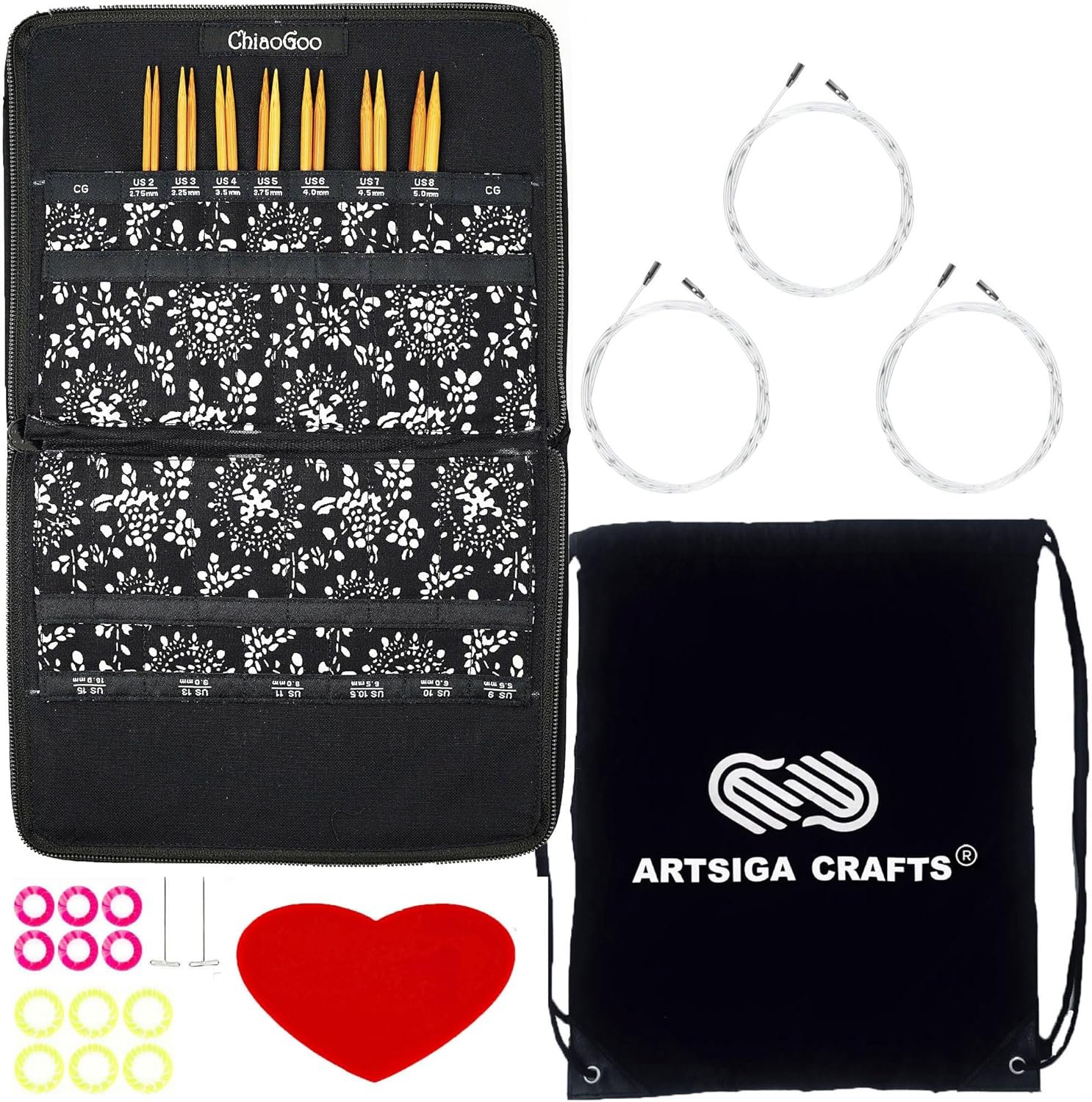 ChiaoGoo Spin Bamboo 4-Inch Small 2400-S Interchangeable Circular Knitting Needle Set, Sizes US 2, 3, 4, 5, 6, 7, 8 with 3 Cords, 12 Stitch Markers, 1 Gauge with Project Bag