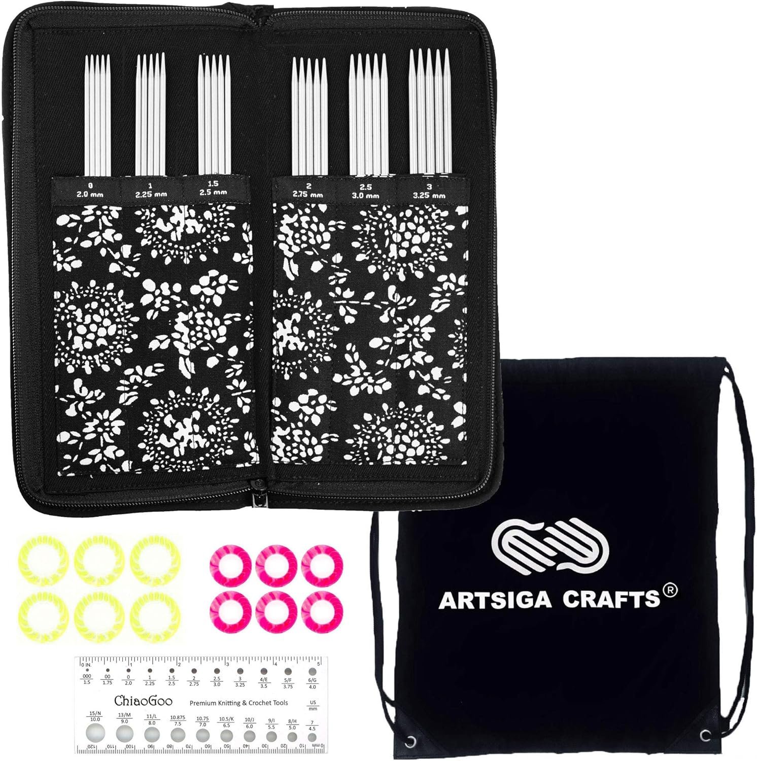 ChiaoGoo Twist Red Lace 6-Inch 6600 DPN Double Pointed Sock Knitting Needle Set, Sizes US 0, 1, 1.5, 2, 2.5, 3, Stainless Steel, Stitch Markers, Needle Gauge with Project Bag