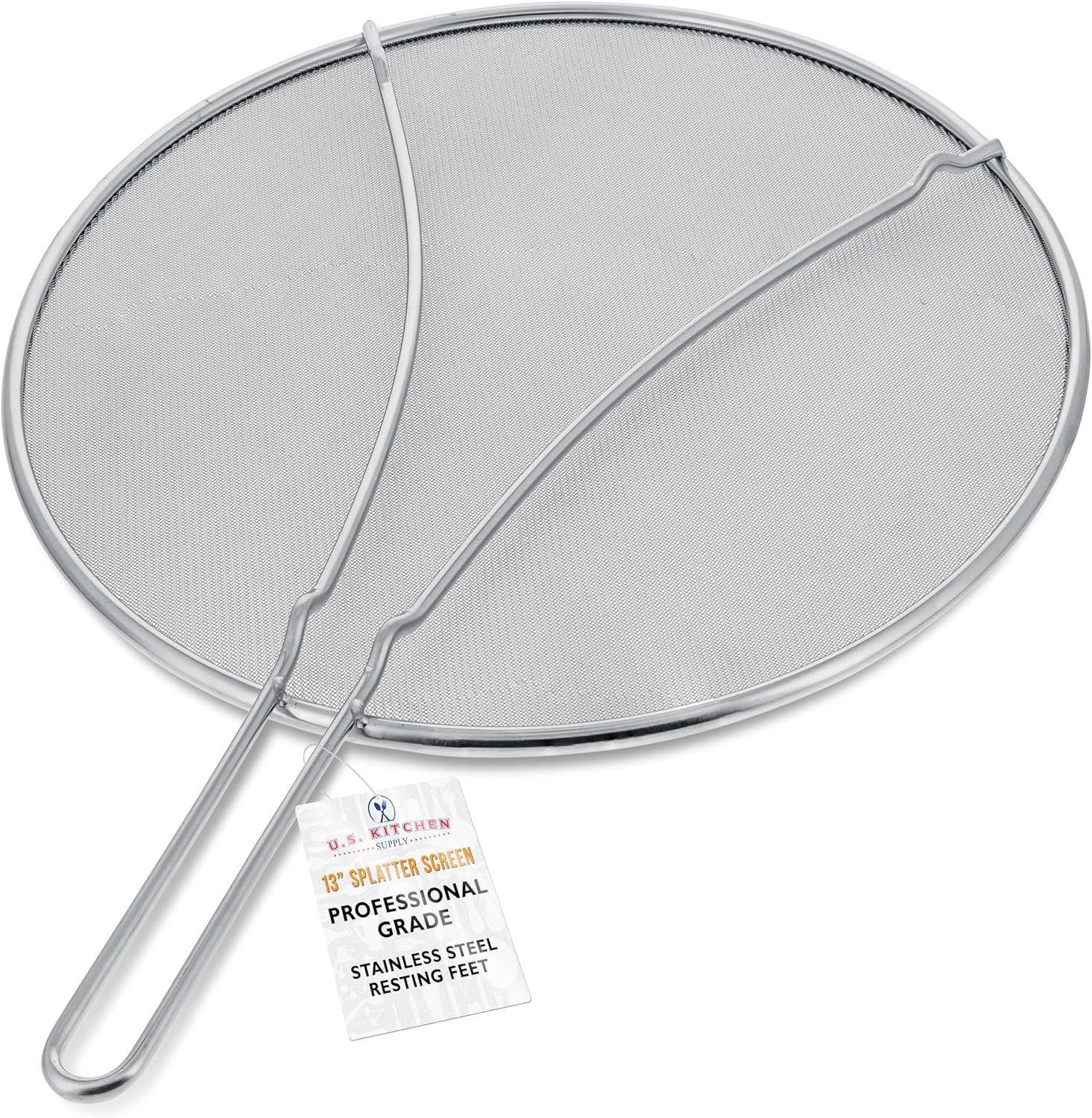 U.S. Kitchen Supply Stainless Steel Splatter Guard 13″ Fine Mesh Cover, Grease & Oil, Splatter Screen for Frying Pan, Cooking Pots, with Resting Feet