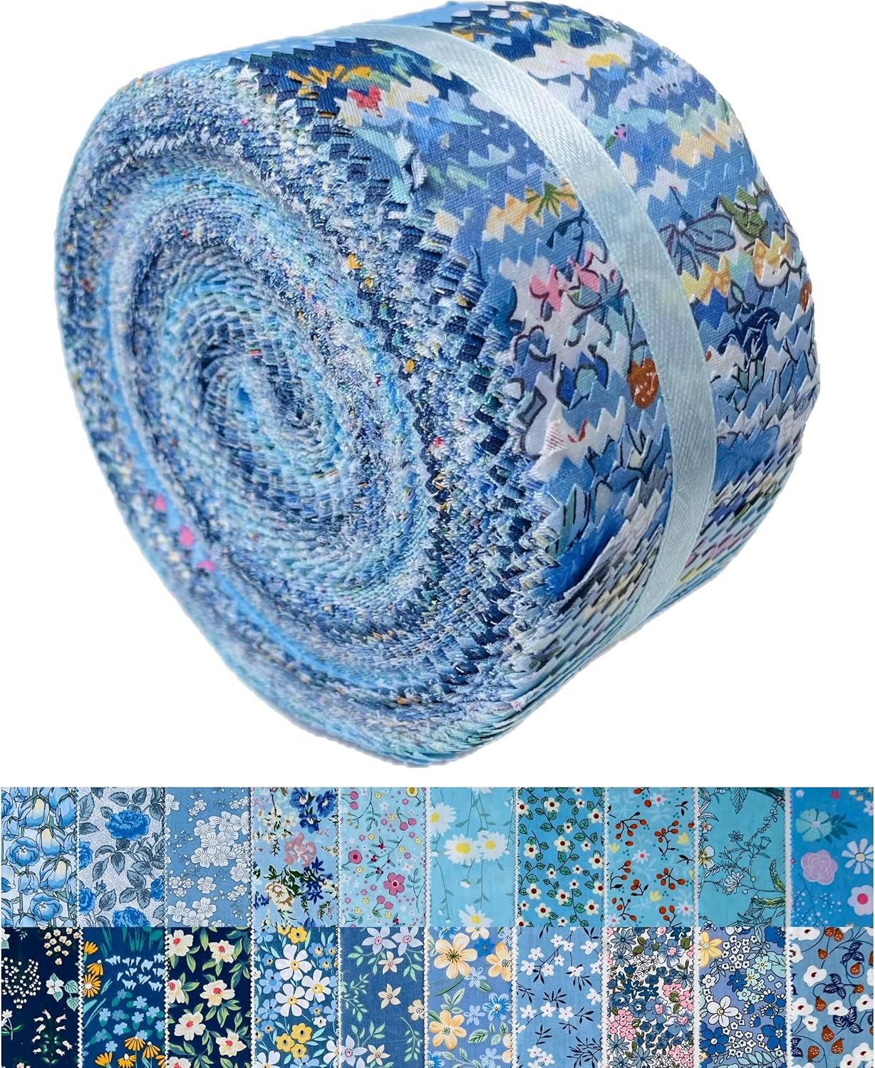 LUMANSUO Jelly Roll Fabric Strips 40PCS (2.5 x 44 Inch)- 20 Assorted Floral Prints, 100% Cotton, Precut Fabrics for Needlecraft and Quilting Sewing， Blue Moonlight
