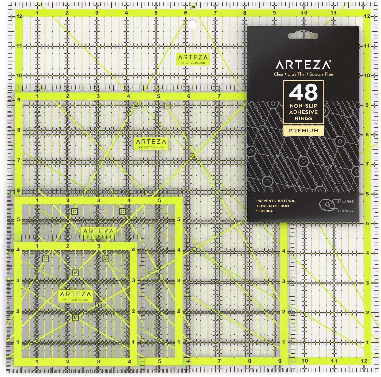 ARTEZA Quilting Rulers Set of 4, Acrylic Square Quilting Rulers for Sewing and Fabric Cutting, 4.5 x 4.5, 6 x 6, 9.5 x 9.5, 12.5 x 12.5 Inch, Dual-Color Grid, 30/45/60 Degree, 48 Non-Slip Rings