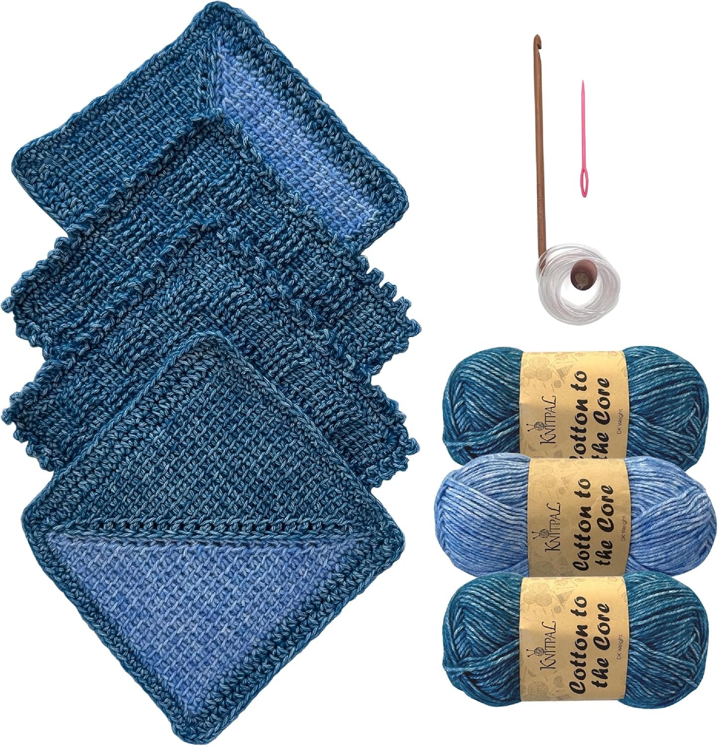 KnitPal Everyday Joy Tunisian Crochet Dishcloth Kit for Confident Beginners – Make 4 Reusable Dishcloths – Cotton Yarn, Tunisian Crochet Hook, 2 Patterns & Video Tutorials (Jean Blue + Sky Blue)