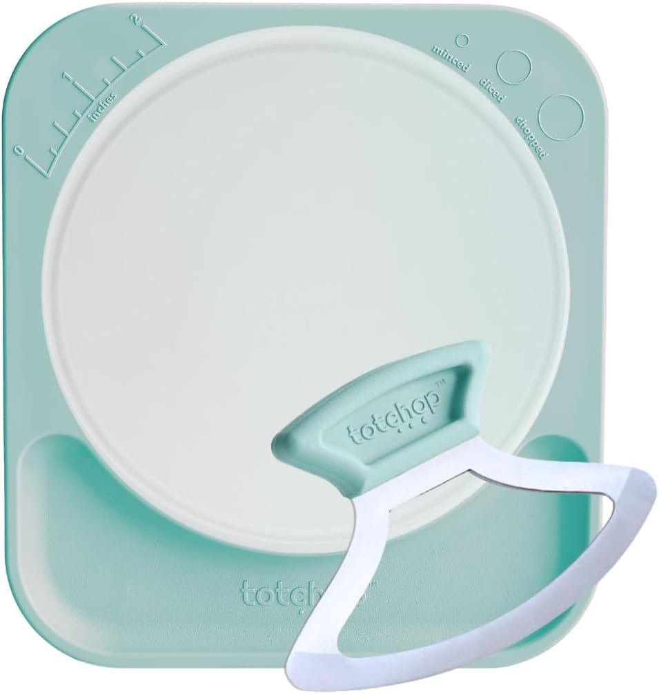Safety Knife Set with Finger-Safe Stainless Steel Blade, Concave Cutting Board, Microplastic-Free Insert, Cooking with Kids, Dishwasher-Safe, Blunt Tips (Seaside Blue)