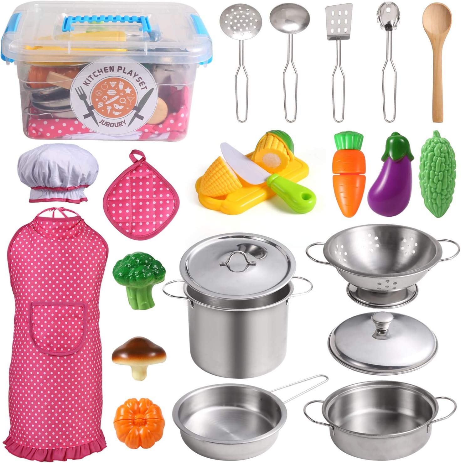 Juboury Kitchen Pretend Play Toys with Stainless Steel Cookware Pots and Pans Set, Cooking Utensils, Apron & Chef Hat, Cutting Vegetables for Kids, Girls, Boys, Toddlers