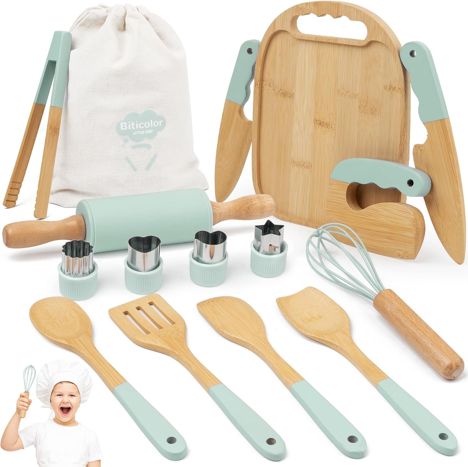 Wooden Kids Cooking Set Montessori Kit – Real Toddler Kitchen Tools & Baking Utensils – 30PCS Cooking Kit for Kids with Storage Bag, Great Gift for Pretend Play & Montessori Learning (Green)