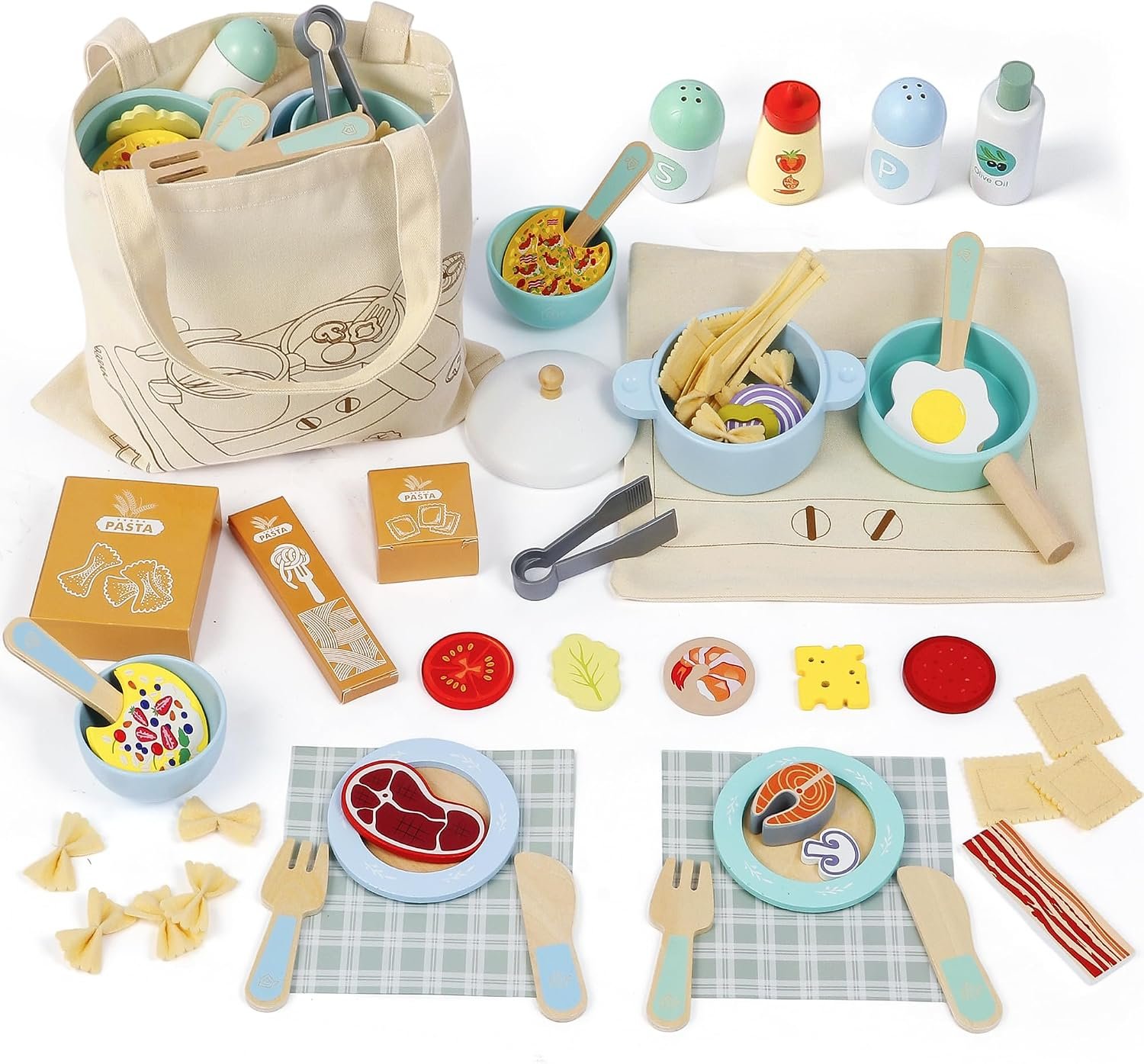 SIMPLIPLAY 63PCS Wooden Play Cooking Set, Play Kitchen Accessories, Montessori Kitchen Set, Play Food Sets for Kids Kitchen with Play Pots and Pans, Play Dishes, Shopping Bag for Kids Toddlers Gift