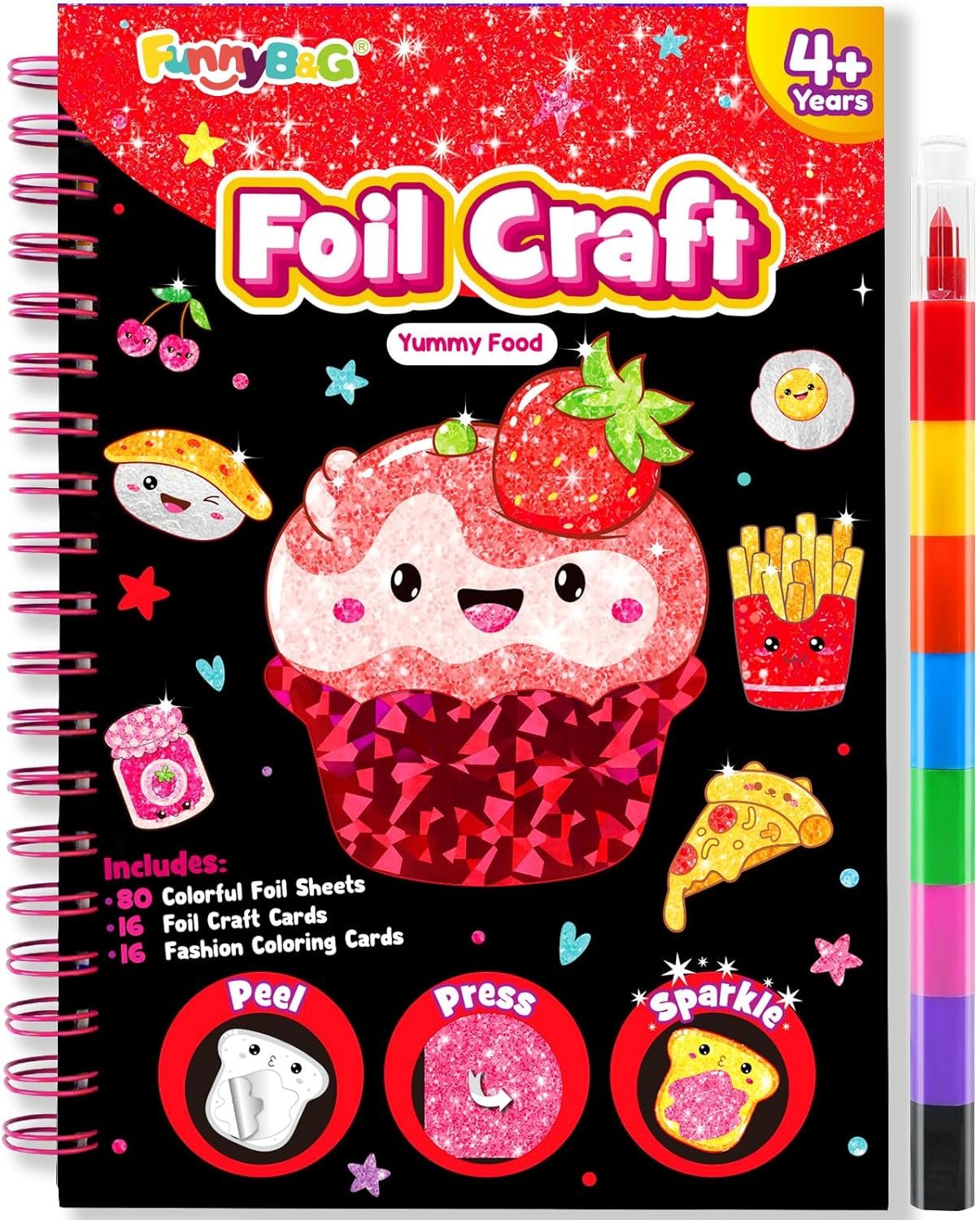 FUNNYB&G Foil Art Craft Kit for Girls 4-10 Years Old: Mess-Free & No-Glue, Create 16 Sparkly Food Pictures – Perfect Travel Toy & Birthday Gift for Kids (Food)