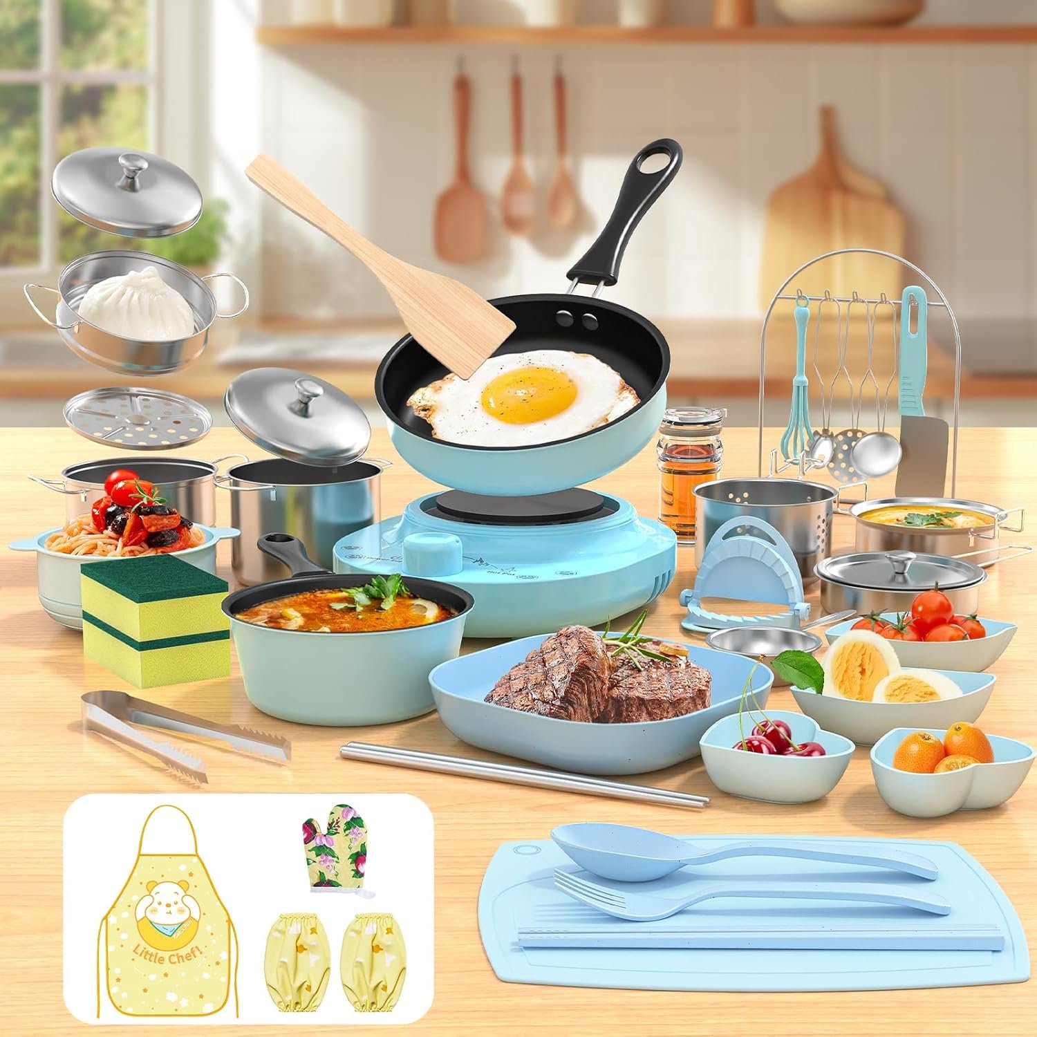 Kids Cooking Sets Real, Kid Safe Montessori Mini Tools Includes Stove Burner, Knife ect for Aged 8-12 Boys Girls Food Making, Easy for Beginners, Education Toys-Blue